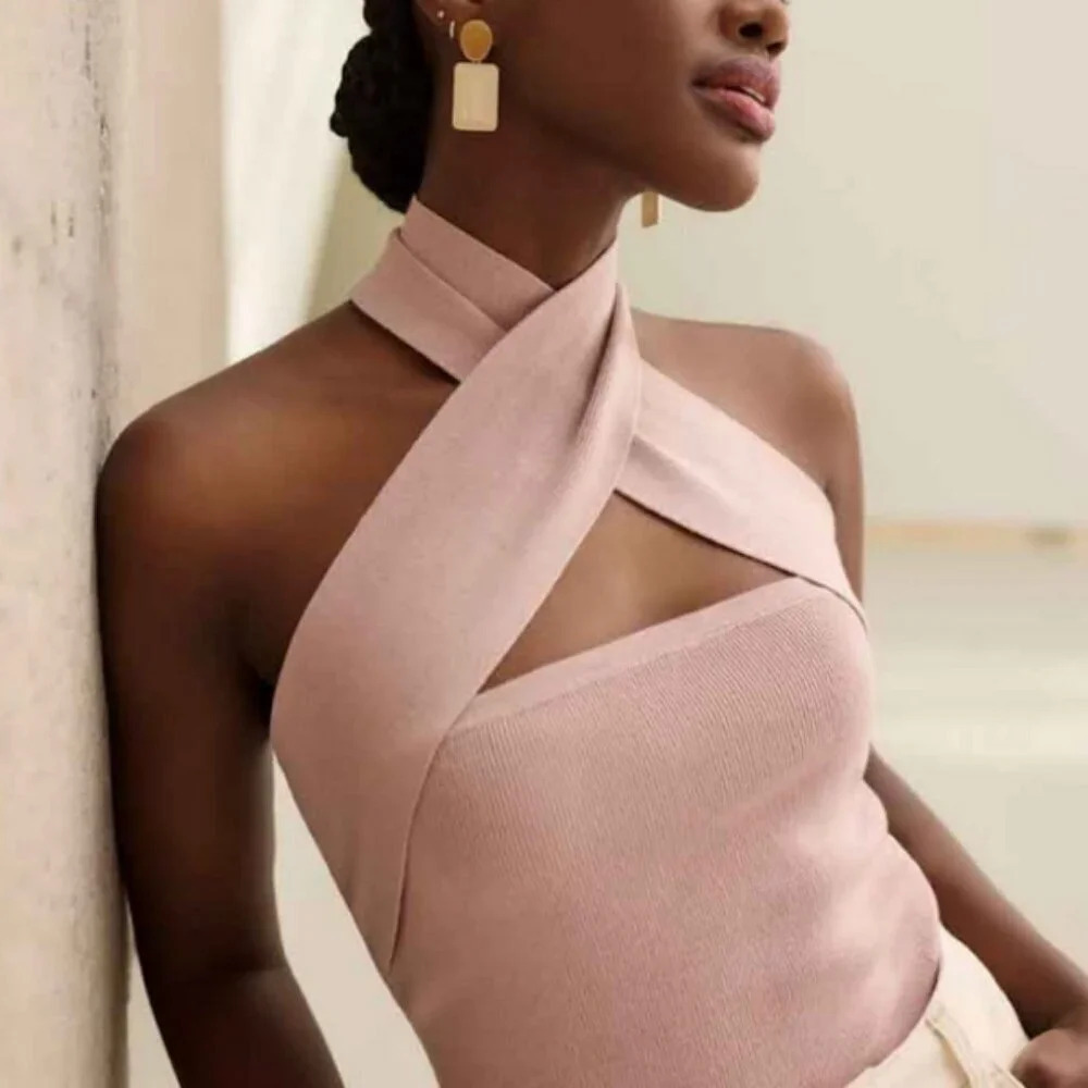 REITMANS Ribbed‎ top with crossover halter  neckline